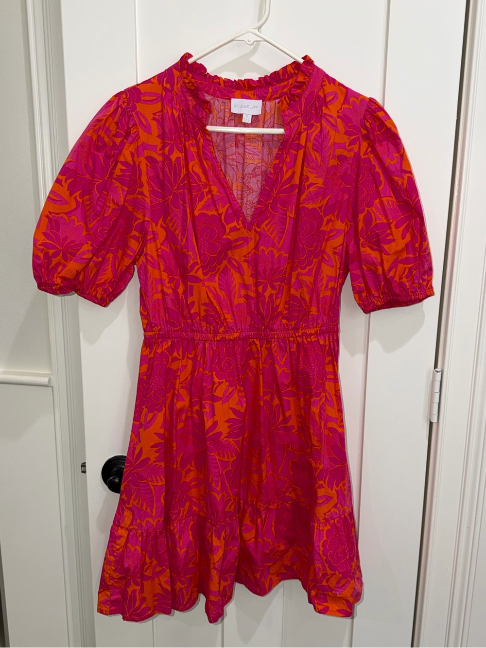 Sugarlips Vibrant Pink & Orange Floral V-Neck Short Dress